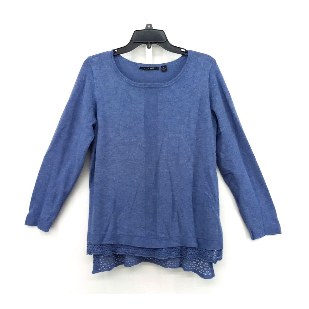 Cyrus Shirt Women Plus Size 1X Blue Long Sleeve Round Neck Crochet Hem Knit Top